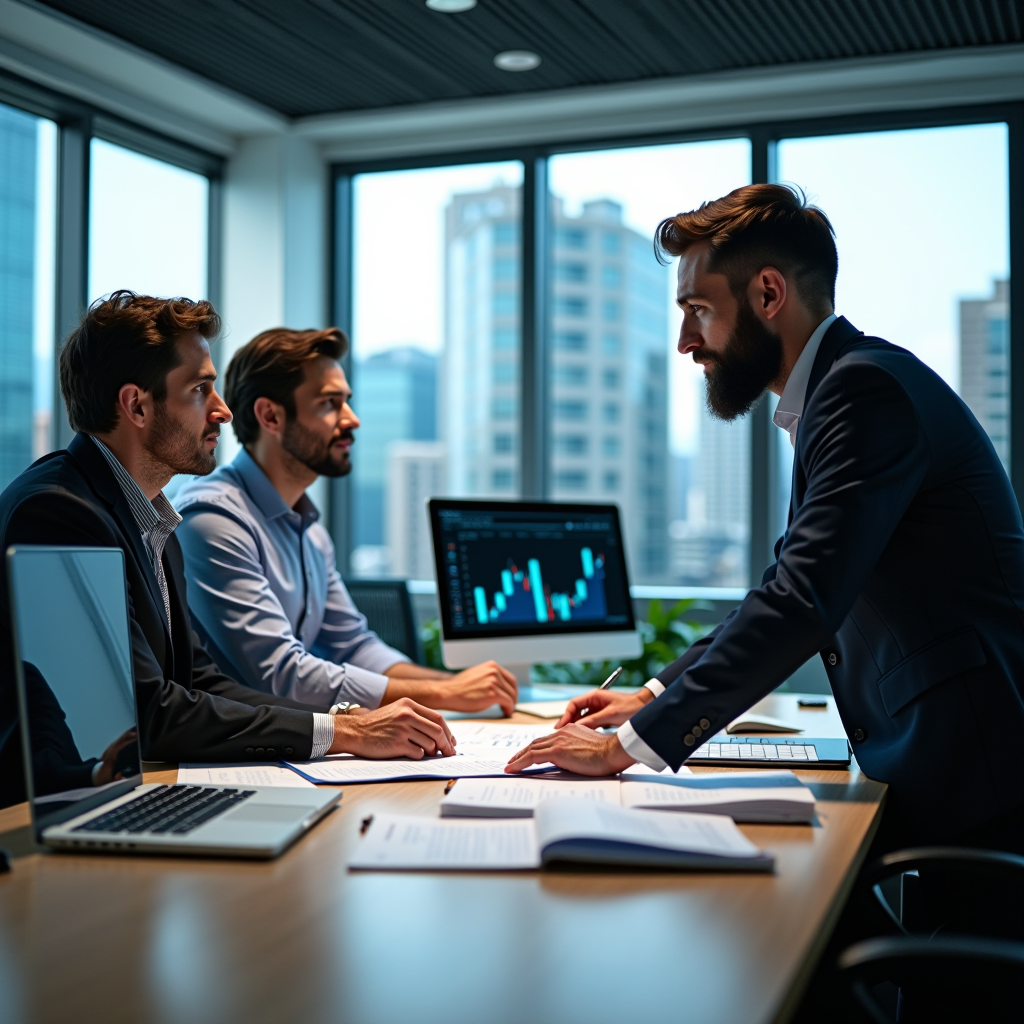 Professionisti finanziari che lavorano insieme in un moderno ufficio, analizzando documenti e grafici su schermi digitali, ambiente luminoso e professionale con vista sulla città