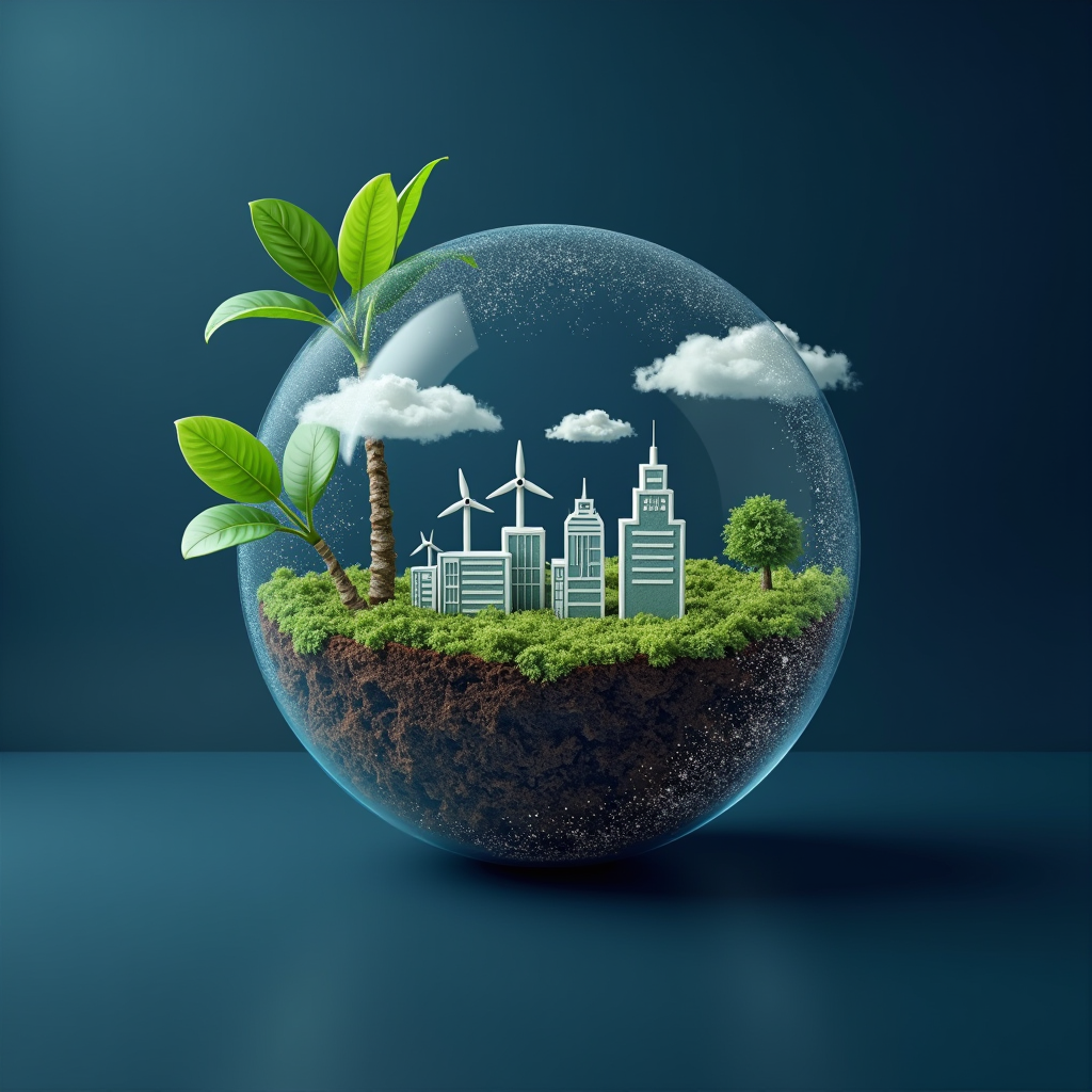 Concetto di finanza sostenibile con rappresentazione visiva dei criteri ESG: ambiente con simboli di energia rinnovabile, aspetti sociali con comunità diverse, e governance con strutture aziendali trasparenti, su sfondo professionale blu navy