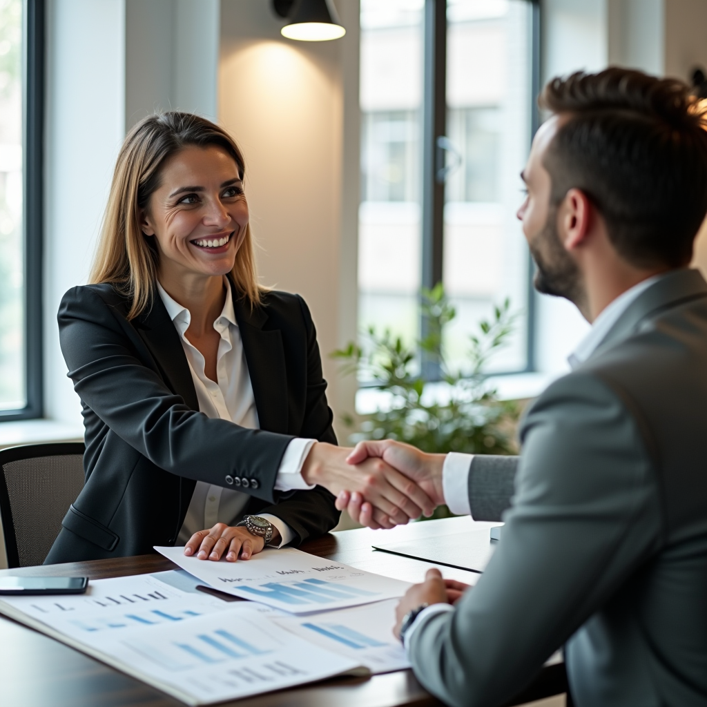 Consulente finanziario professionale che stringe la mano a un cliente sorridente in un ufficio moderno e luminoso con documenti finanziari sul tavolo