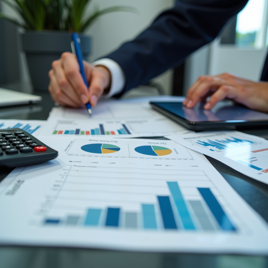 Imprenditore che analizza grafici di crescita aziendale con documenti finanziari e calcolatrice su scrivania moderna, rappresentando pianificazione strategica e sviluppo commerciale