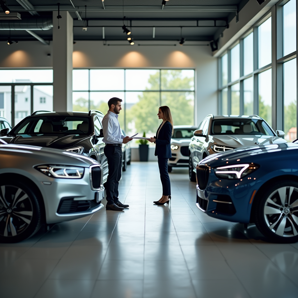 Ufficio leasing professionale con veicoli moderni e attrezzature industriali esposti in showroom, professionisti che esaminano contratti di leasing alla scrivania, illuminazione naturale, ambiente aziendale