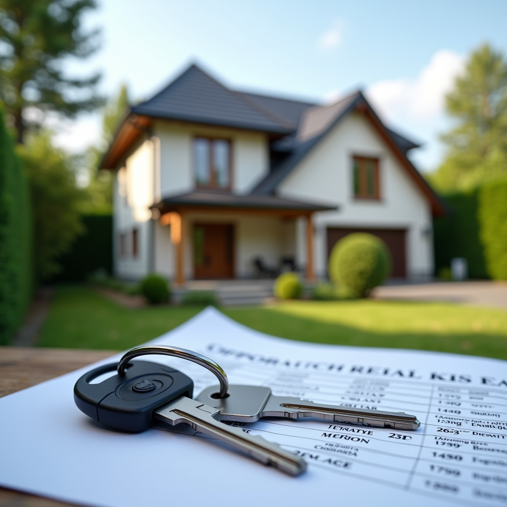 Bella casa moderna con giardino curato, chiavi e documenti immobiliari in primo piano, rappresentando opportunità di finanziamento immobiliare residenziale e commerciale