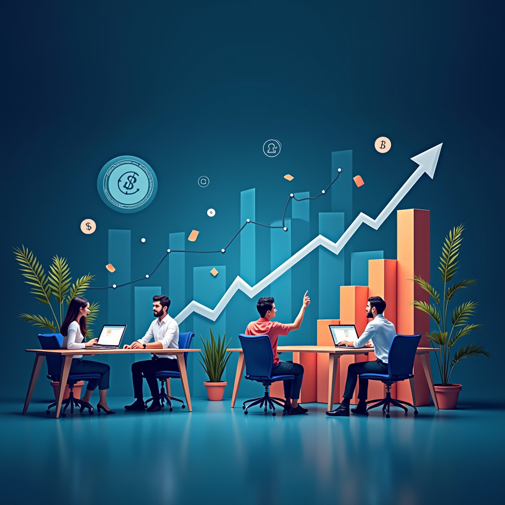 Ambiente aziendale dinamico con imprenditori che lavorano, attrezzature moderne e grafici di crescita, simboleggiando soluzioni di finanziamento commerciale per espansione aziendale