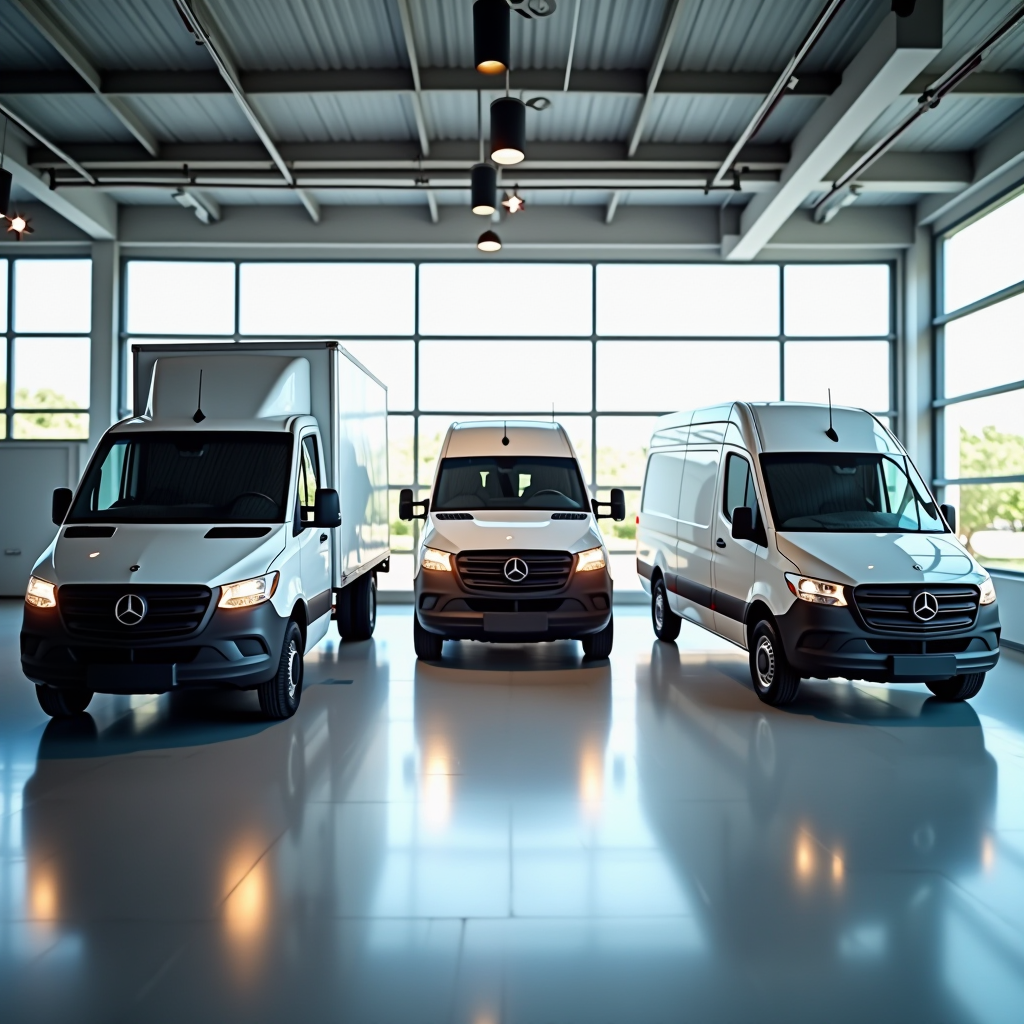 Veicoli aziendali moderni e attrezzature industriali professionali in showroom luminoso, rappresentando opzioni di leasing flessibili per veicoli e attrezzature commerciali